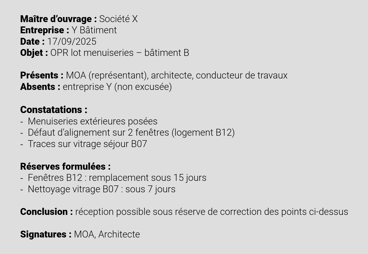 Exemple simplifié de procès-verbal d’OPR établi en fin de chantier OPR avec les éléments obligatoires à vérifie